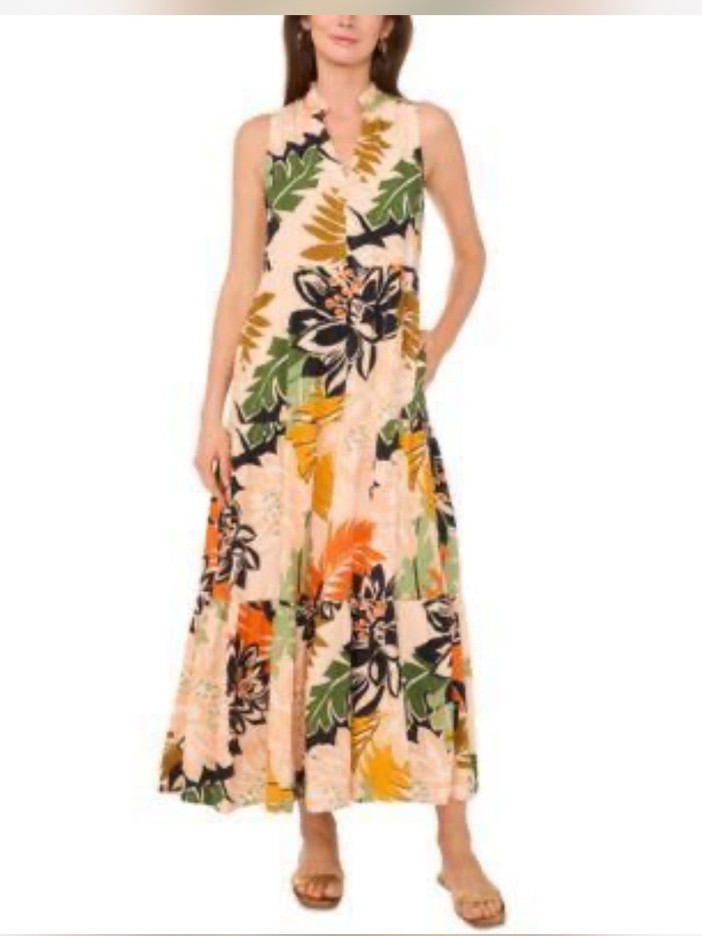 Sleeveless Floral Tiered Maxi Dress - Peach/Black/Green